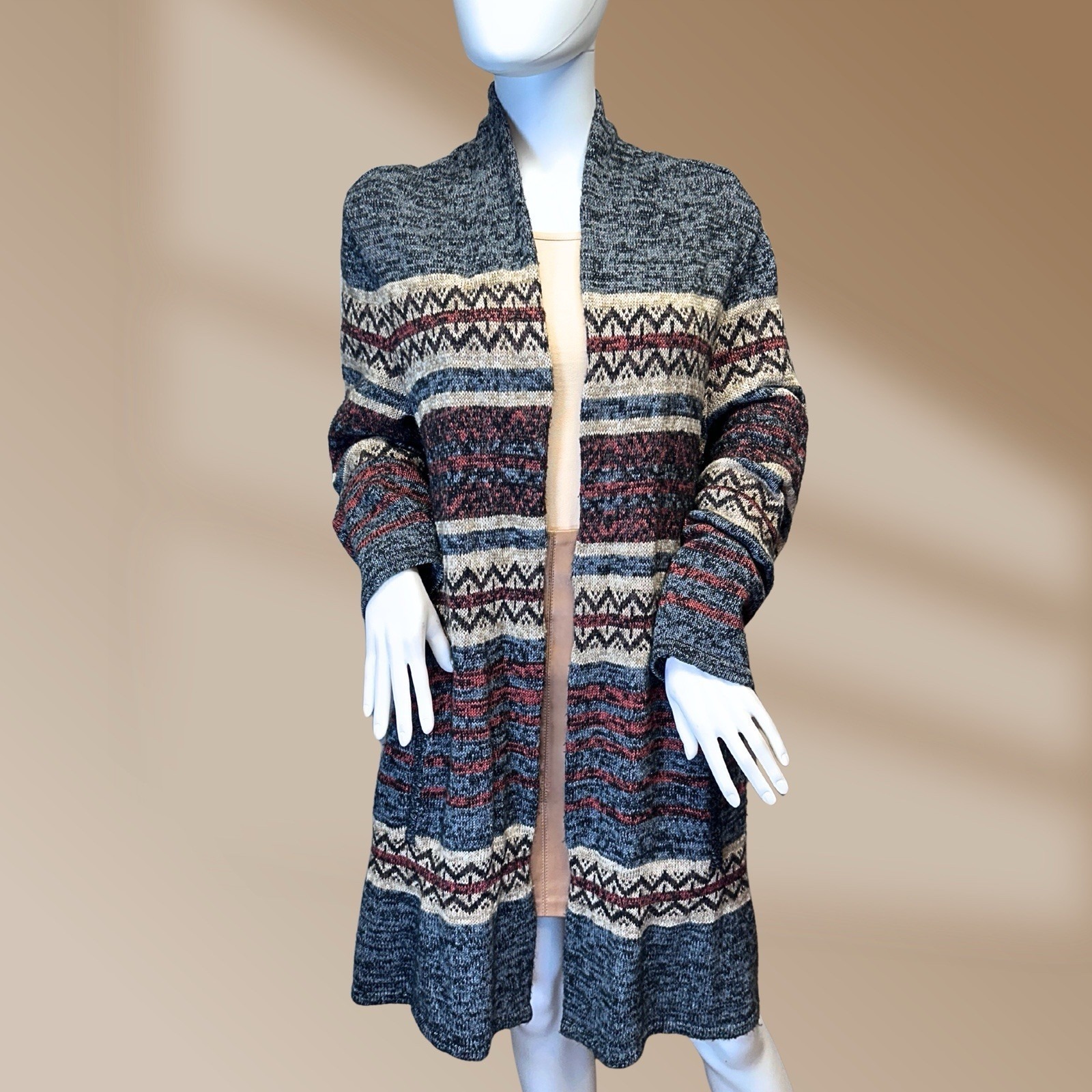 Dressbarn Sz 1x Women's Southwestern Long Sweater With Pockets Blue Gray Brown